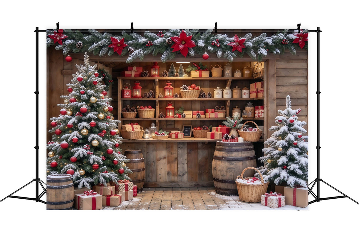 Christmas Store Backdrop Snowy Rustic Gift Shop Christmas Backdrop for Pictures UK GQ610-65