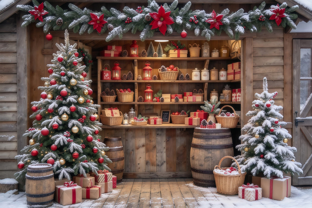 Christmas Store Backdrop Snowy Rustic Gift Shop Christmas Backdrop for Pictures UK GQ610-65