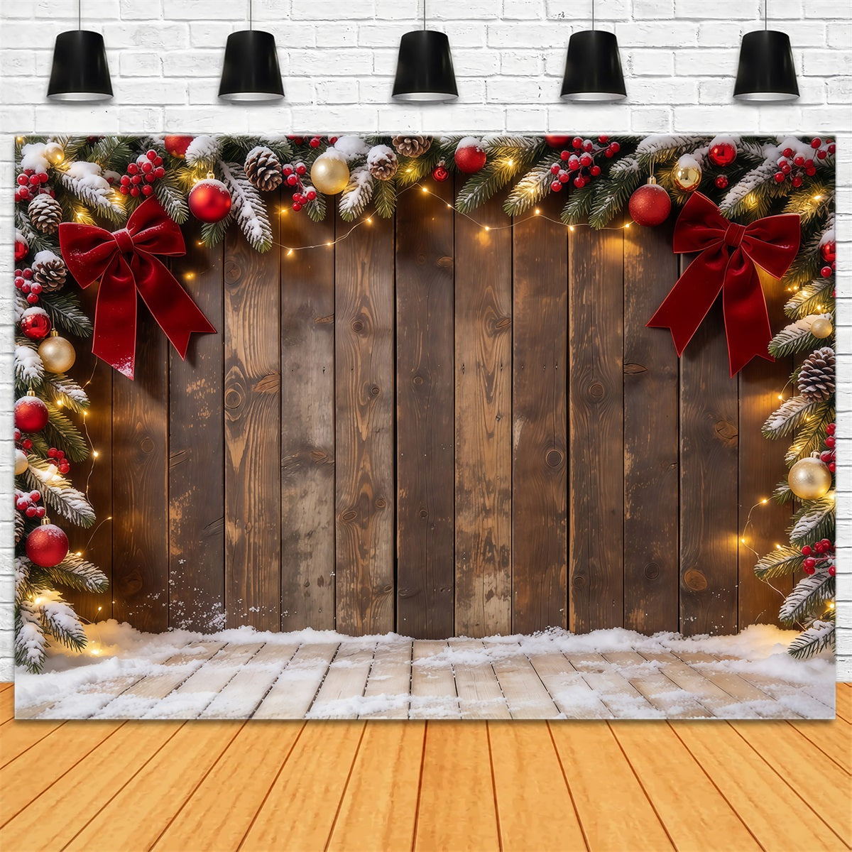 Christmas Backdrop Rustic Wood Bow Ornament Frame Christmas Theme Backdrop UK GQ610-66