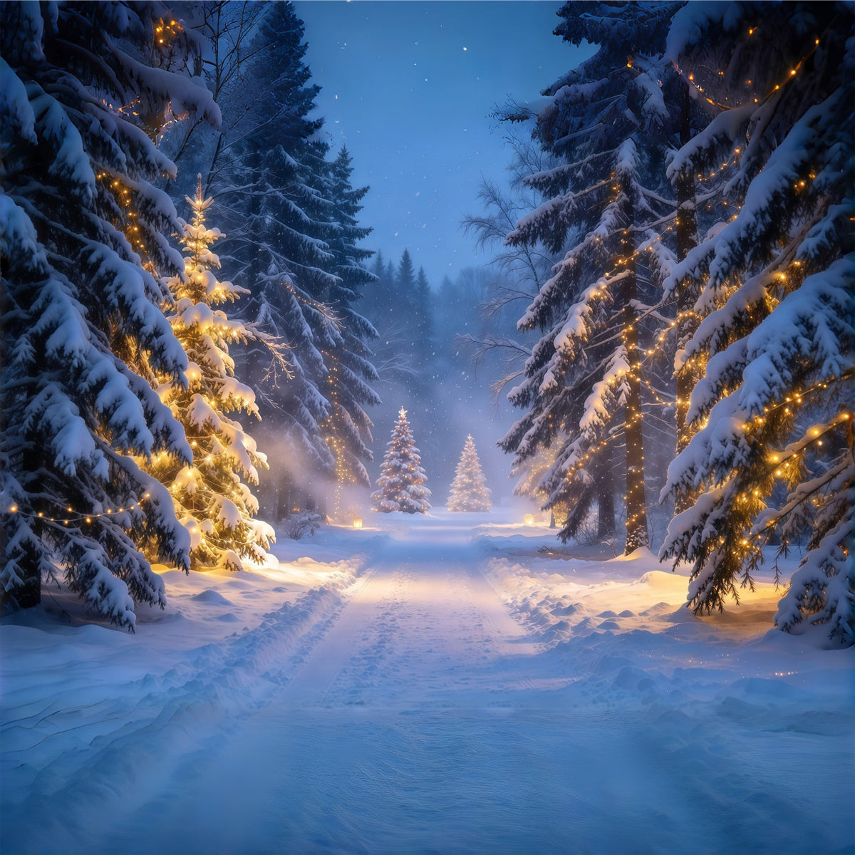 Christmas Tree Forest Backdrop Glowing Snowy Evergreen Trail Christmas Party Photo Backdrop UK GQ610-67