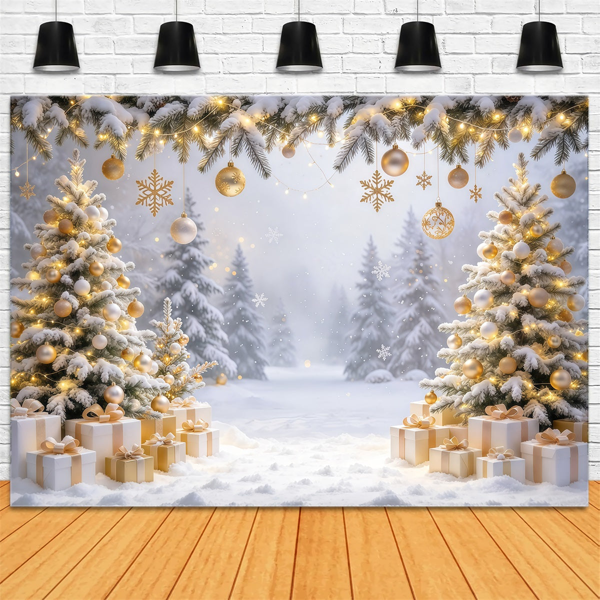 Christmas Backdrop for Photos Golden Ornament Snowy Forest Christmas Card Backdrop UK GQ610-71