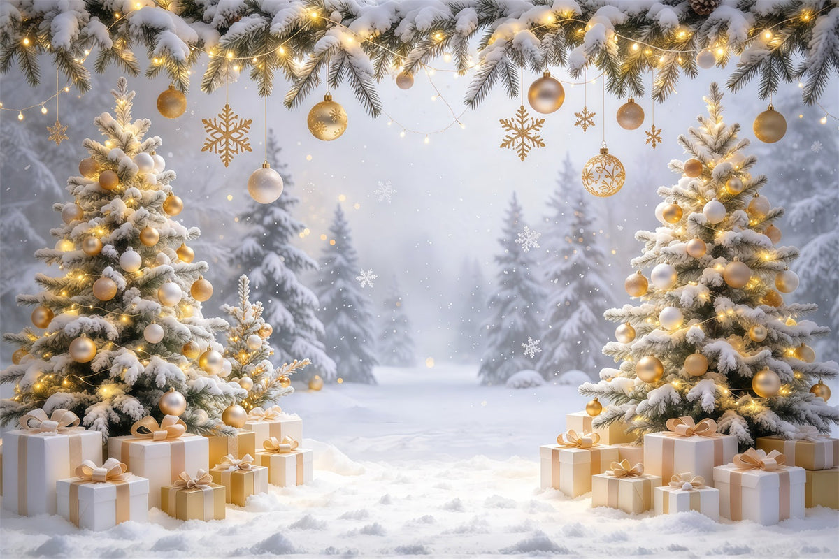 Christmas Backdrop for Photos Golden Ornament Snowy Forest Christmas Card Backdrop UK GQ610-71