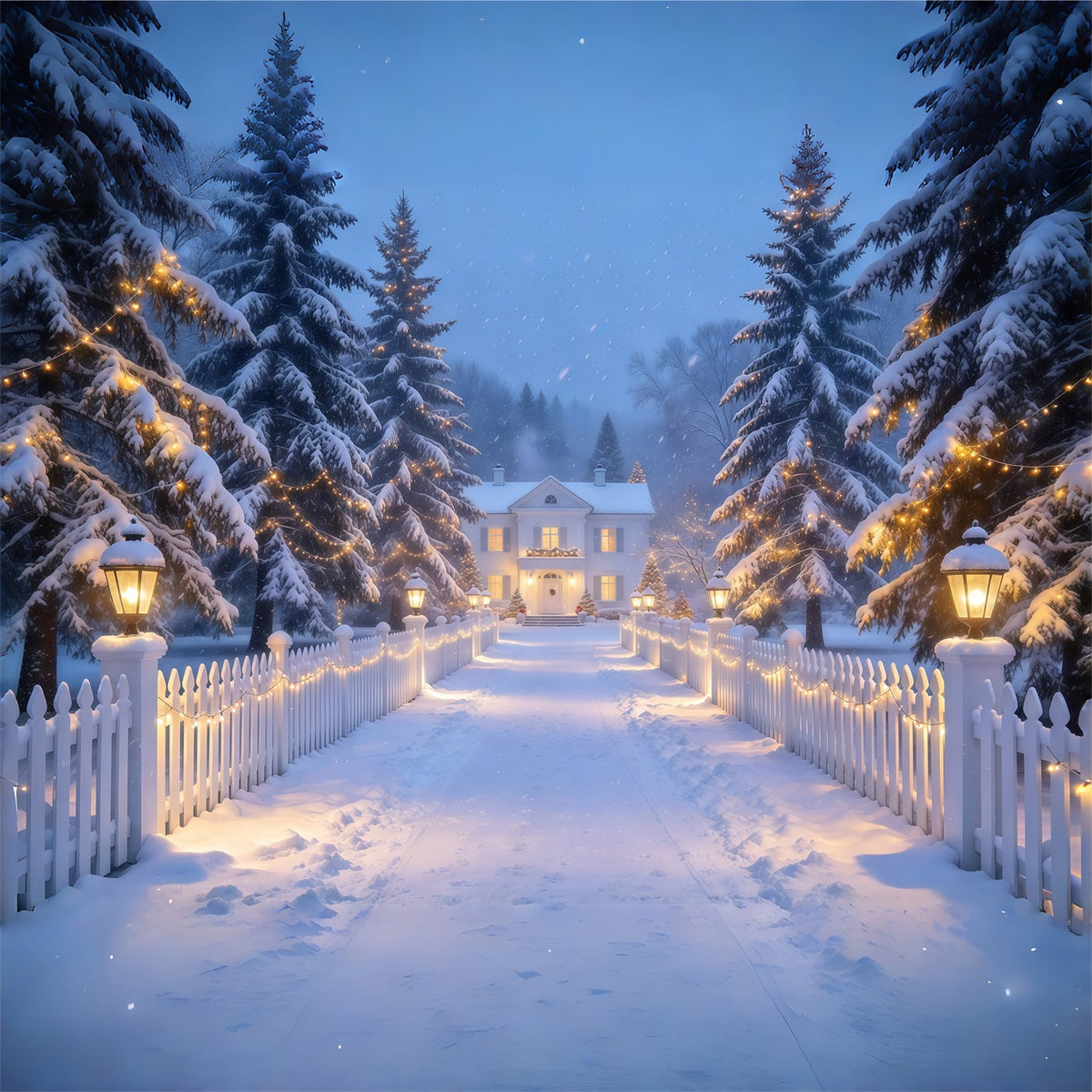 Christmas Lights Photo Backdrop Snowy Lantern Picket Path Christmas Photobooth Backdrop UK GQ610-72