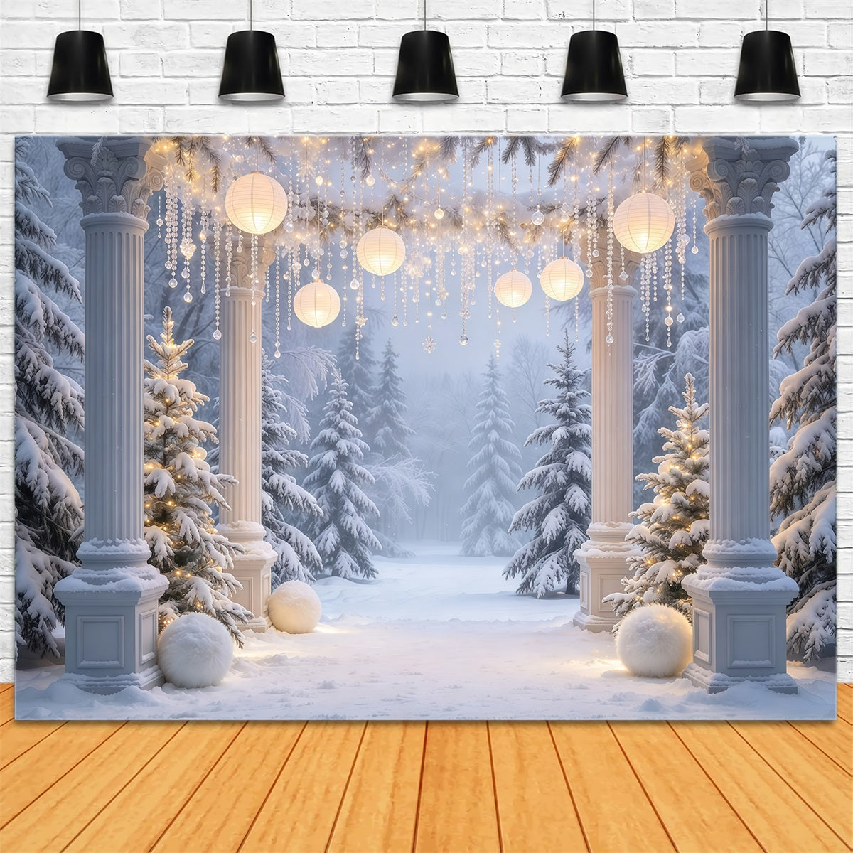 Christmas Forest Backdrop Snowy Column Lantern Archway Christmas Portrait Backdrop UK GQ610-77