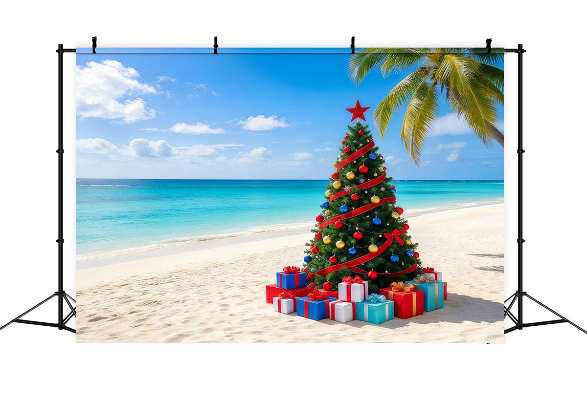 Christmas Tree Backdrops Tropical Beach Decorated Tree Christmas Themed Backdrop UK GQ610-79