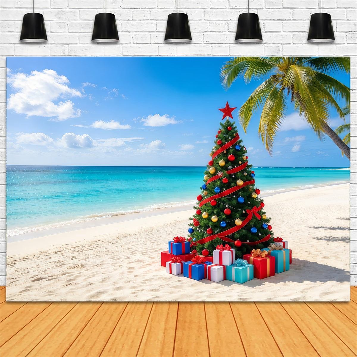 Christmas Tree Backdrops Tropical Beach Decorated Tree Christmas Themed Backdrop UK GQ610-79