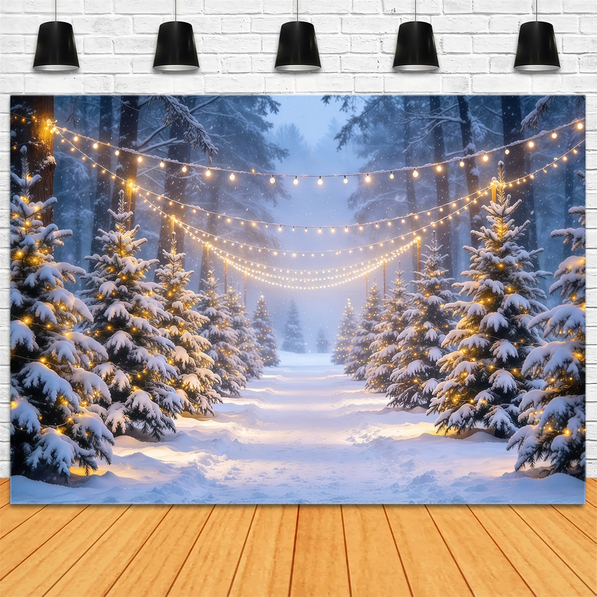 Christmas Tree Forest Backdrop Snowy Forest Glowing Lights Christmas Picture Backdrops UK GQ610-80
