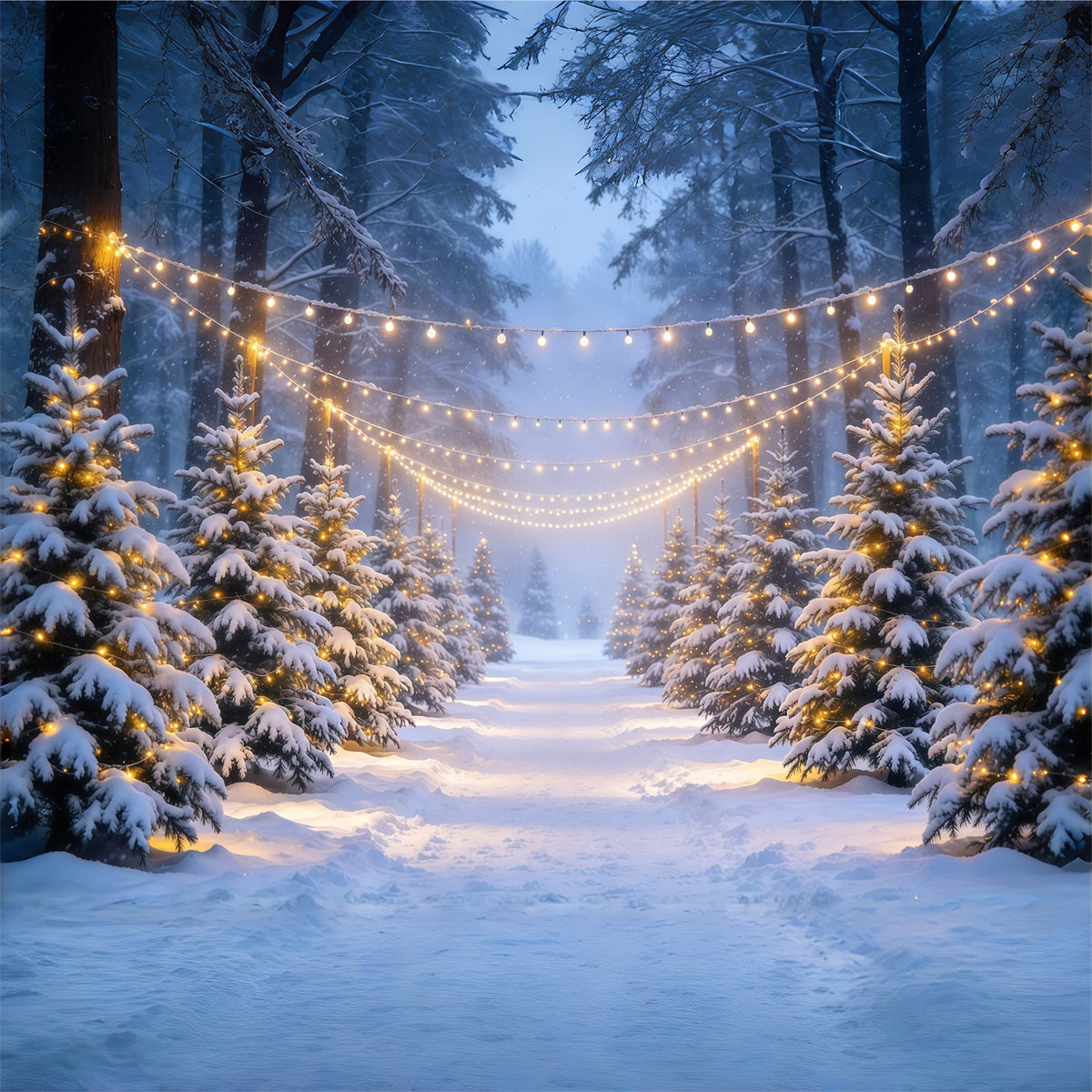 Christmas Tree Forest Backdrop Snowy Forest Glowing Lights Christmas Picture Backdrops UK GQ610-80
