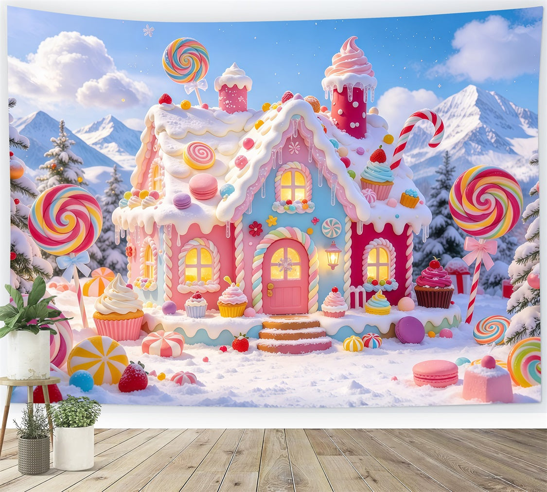 Gingerbread House Backdrop Snowy Pastel Candy Cottage Christmas Wall Backdrops UK GQ610-82