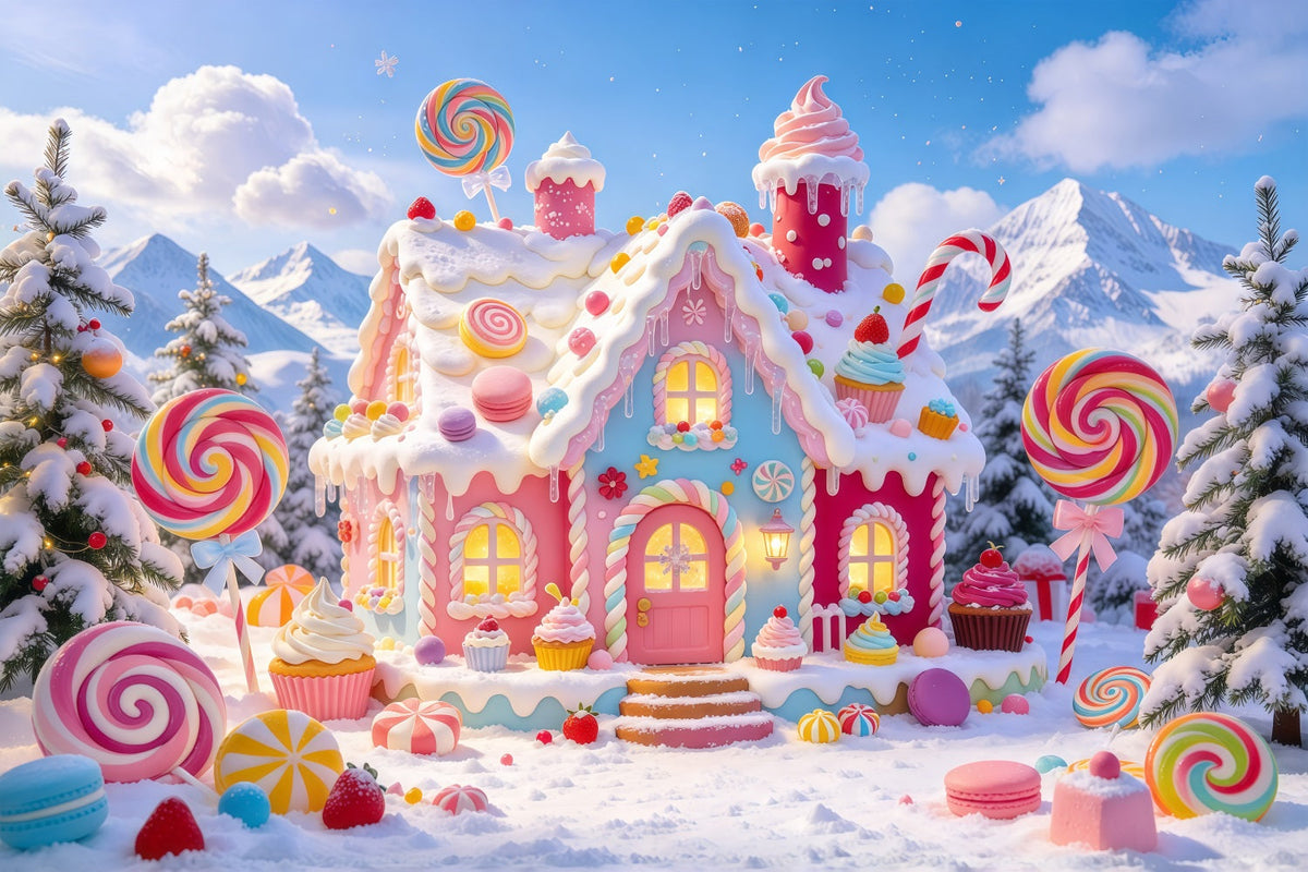 Gingerbread House Backdrop Snowy Pastel Candy Cottage Christmas Wall Backdrops UK GQ610-82