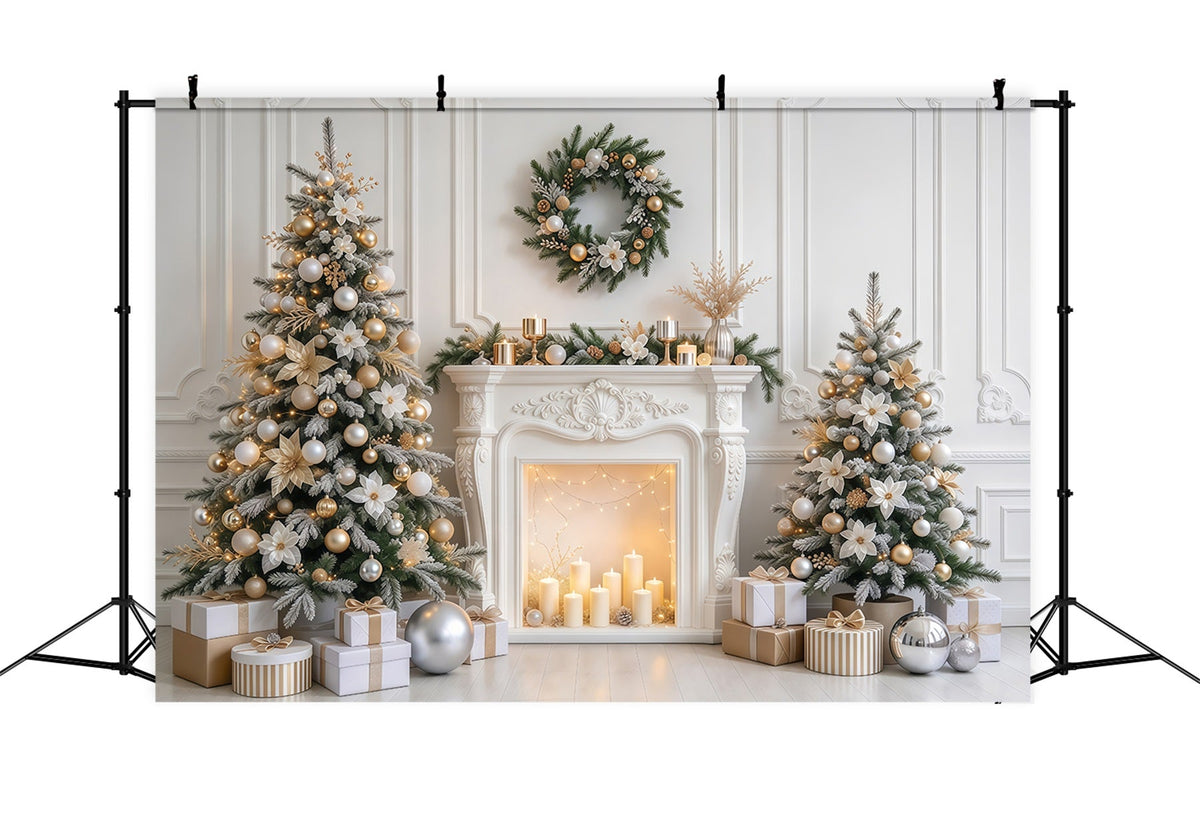 Christmas Photo Backdrop Elegant White Gold Fireplace Christmas Backdrop for Photoshoot UK GQ610-84