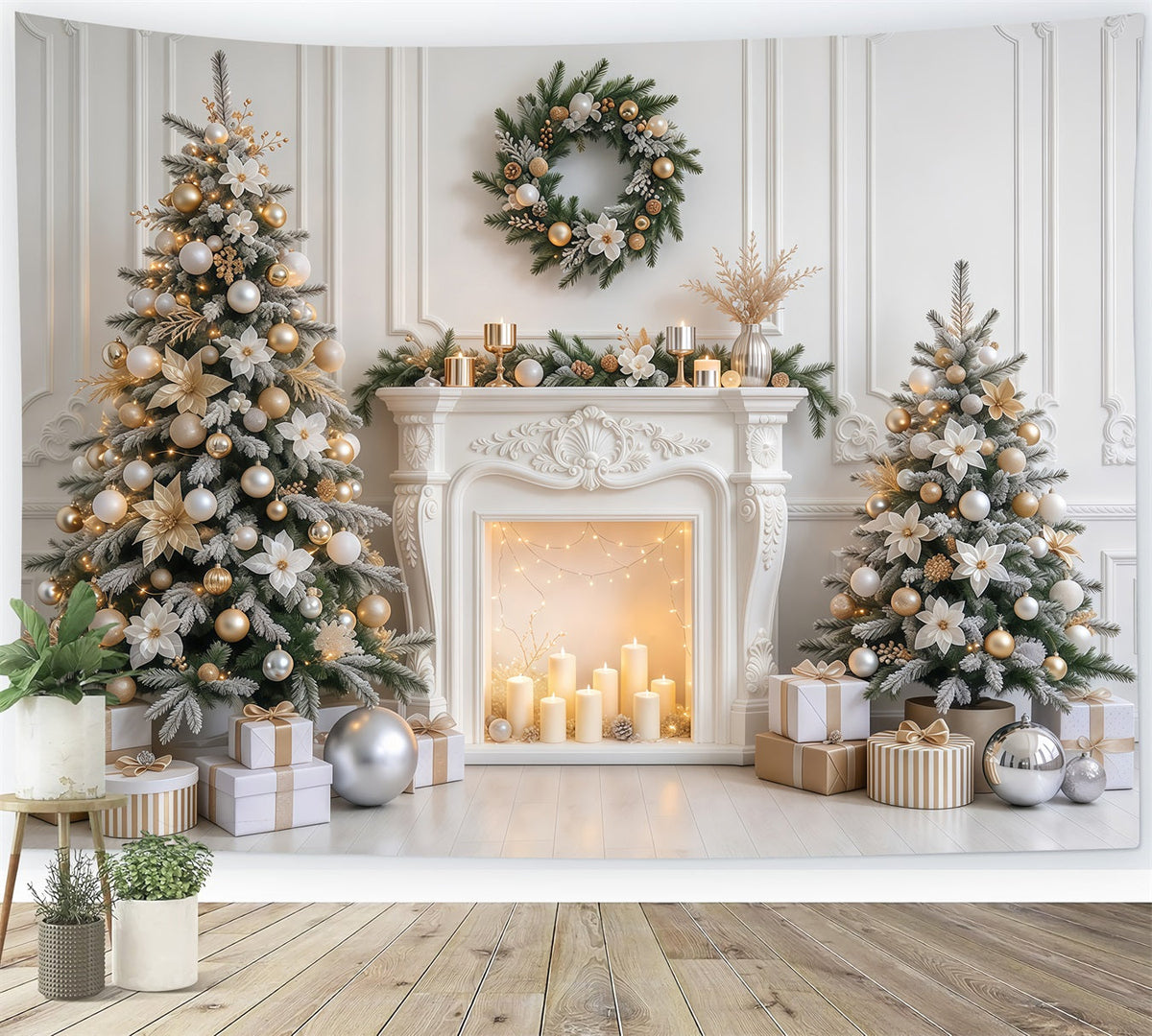 Christmas Photo Backdrop Elegant White Gold Fireplace Christmas Backdrop for Photoshoot UK GQ610-84