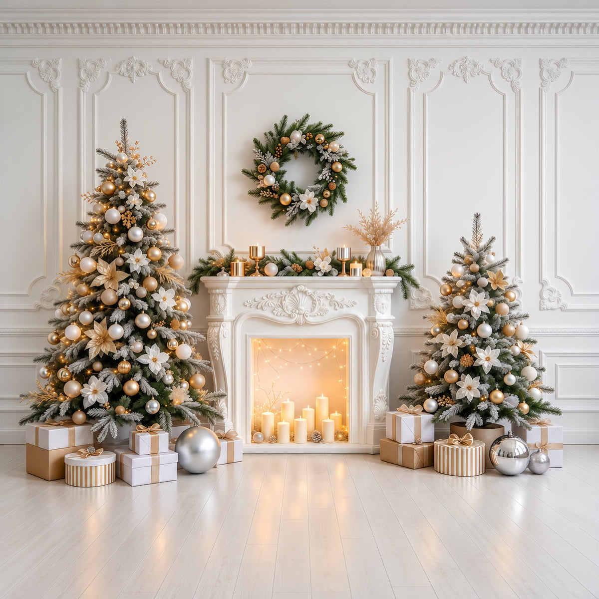 Christmas Photo Backdrop Elegant White Gold Fireplace Christmas Backdrop for Photoshoot UK GQ610-84