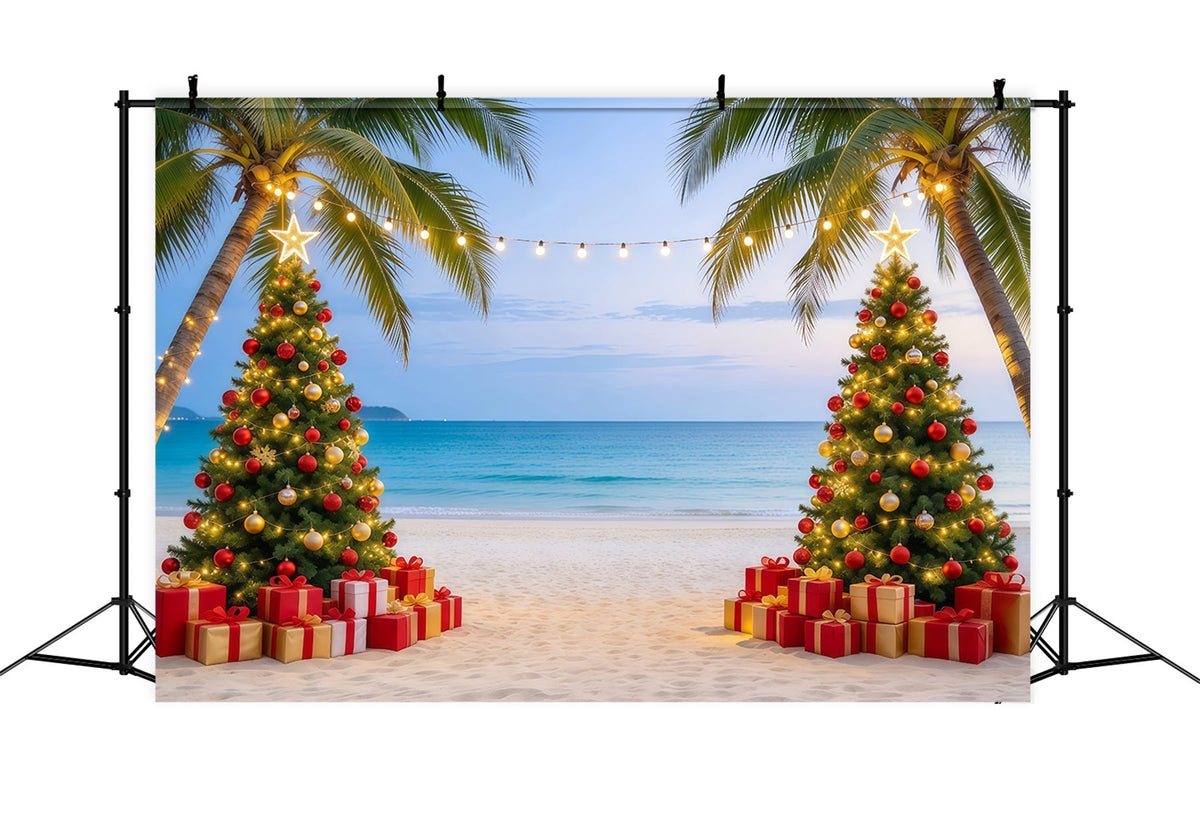 Tropical Christmas Backdrop Sea Beach Twin Trees Christmas in July Photo Backdrop UK GQ610-86