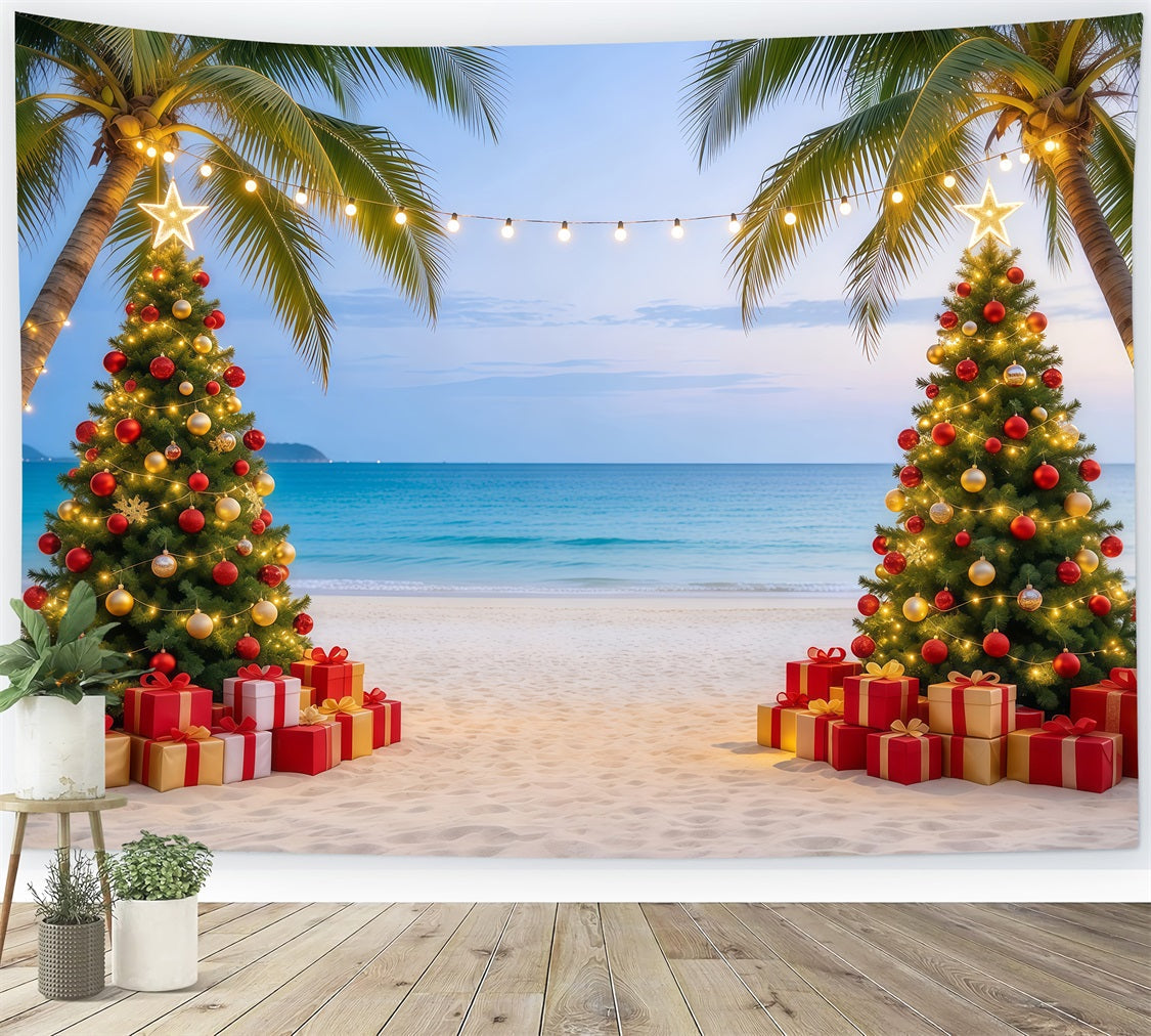 Tropical Christmas Backdrop Sea Beach Twin Trees Christmas in July Photo Backdrop UK GQ610-86