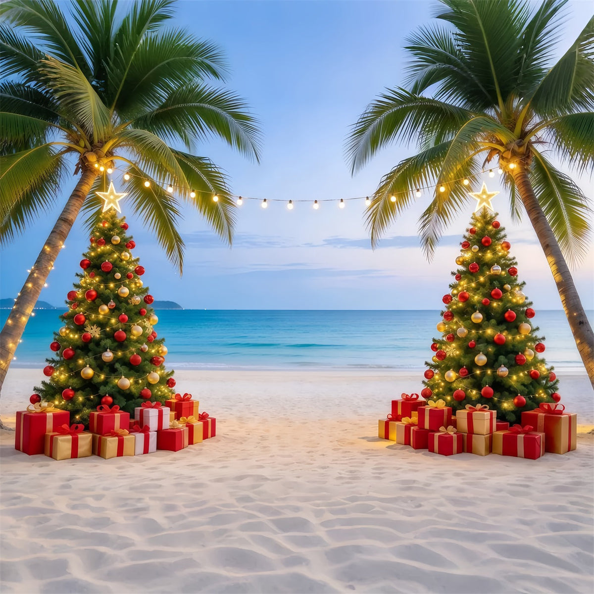 Tropical Christmas Backdrop Sea Beach Twin Trees Christmas in July Photo Backdrop UK GQ610-86
