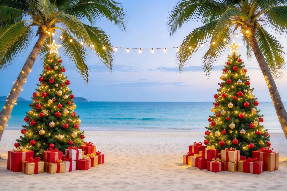 Tropical Christmas Backdrop Sea Beach Twin Trees Christmas in July Photo Backdrop UK GQ610-86