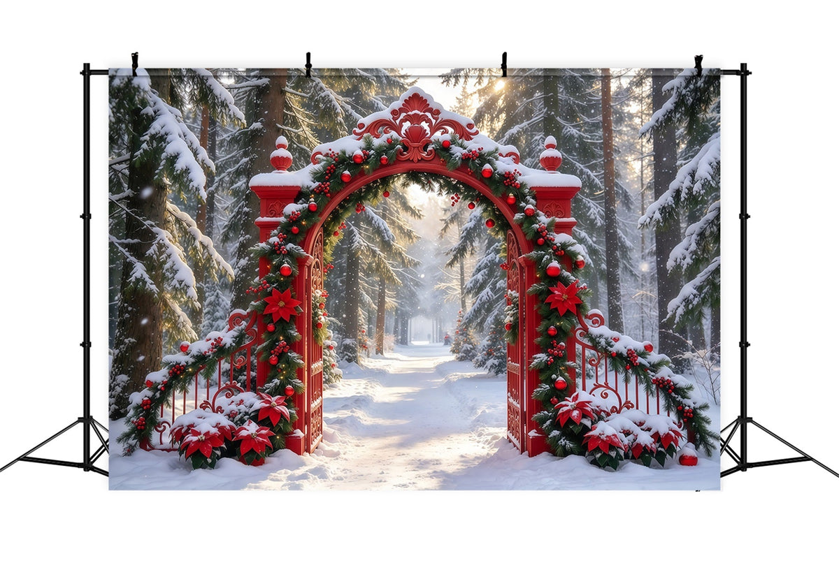 Snowy Christmas Backdrop Ornate Red Garland Gateway Christmas Studio Backdrop UK GQ610-87