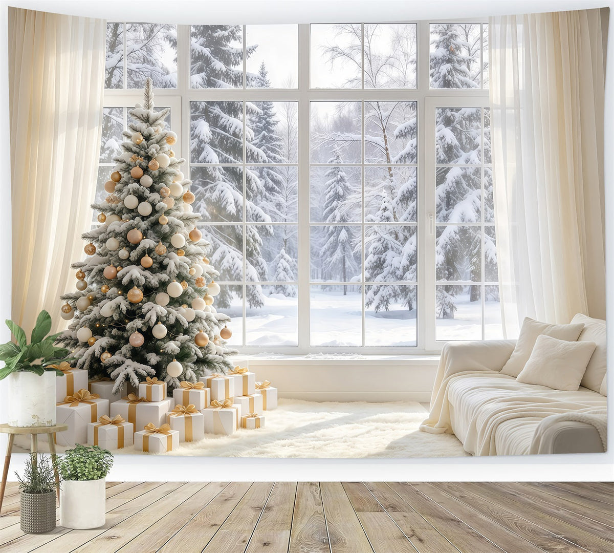 White Christmas Photo Backdrop Ivory Gold Window Retreat Best Christmas Backdrops for Photography UK GQ610-88