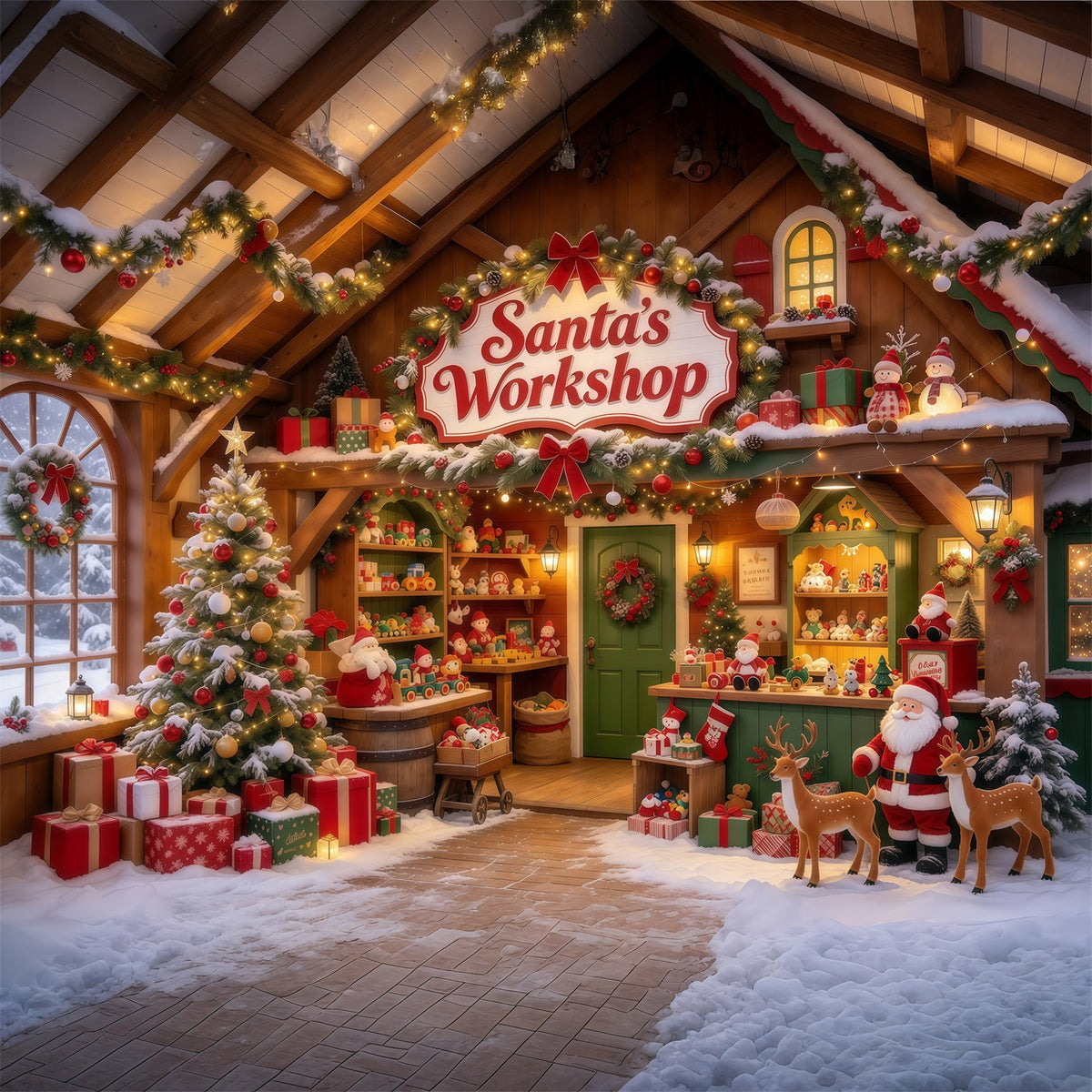 Santa Workshop Backdrop Wooden Toy Shelf Display Christmas Backdrops for Photography UK GQ610-9
