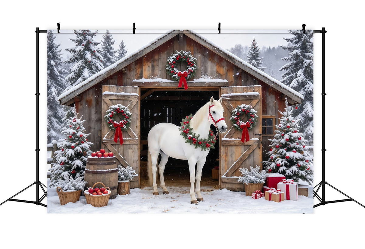 Western Christmas Backdrop White Horse Rustic Barn Christmas Backdrop Photoshoot UK GQ610-92