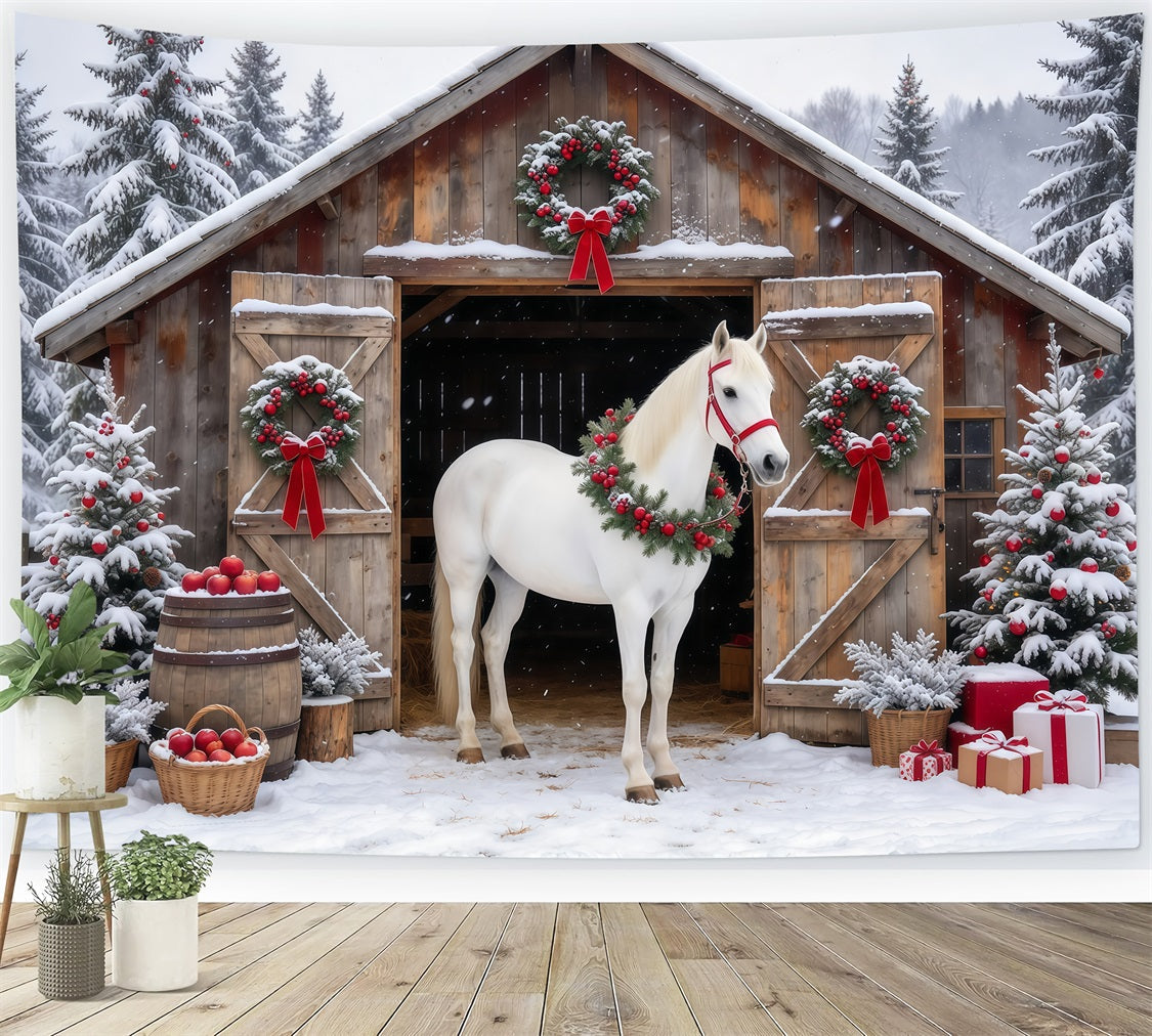 Western Christmas Backdrop White Horse Rustic Barn Christmas Backdrop Photoshoot UK GQ610-92