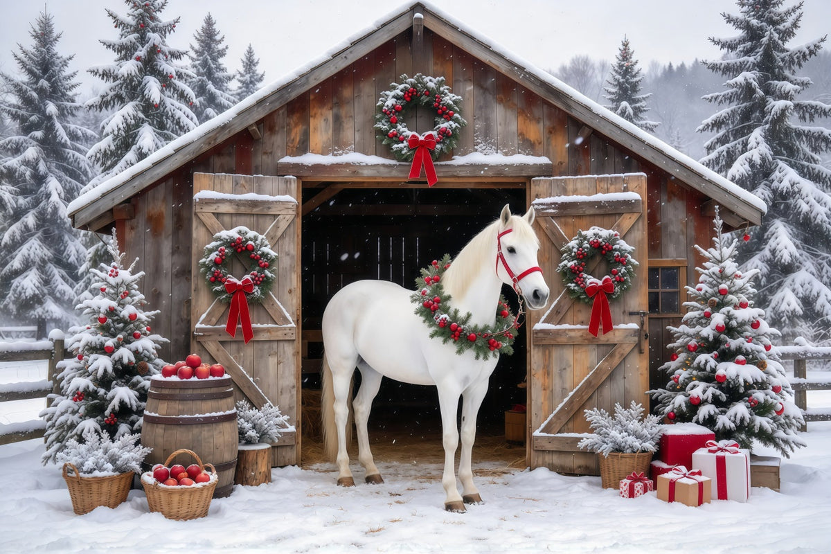 Western Christmas Backdrop White Horse Rustic Barn Christmas Backdrop Photoshoot UK GQ610-92