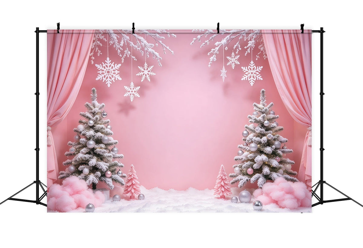 Winter Christmas Backdrop Pink Curtain Snowflake Wonderland Christmas Theme Backdrops UK GQ610-96