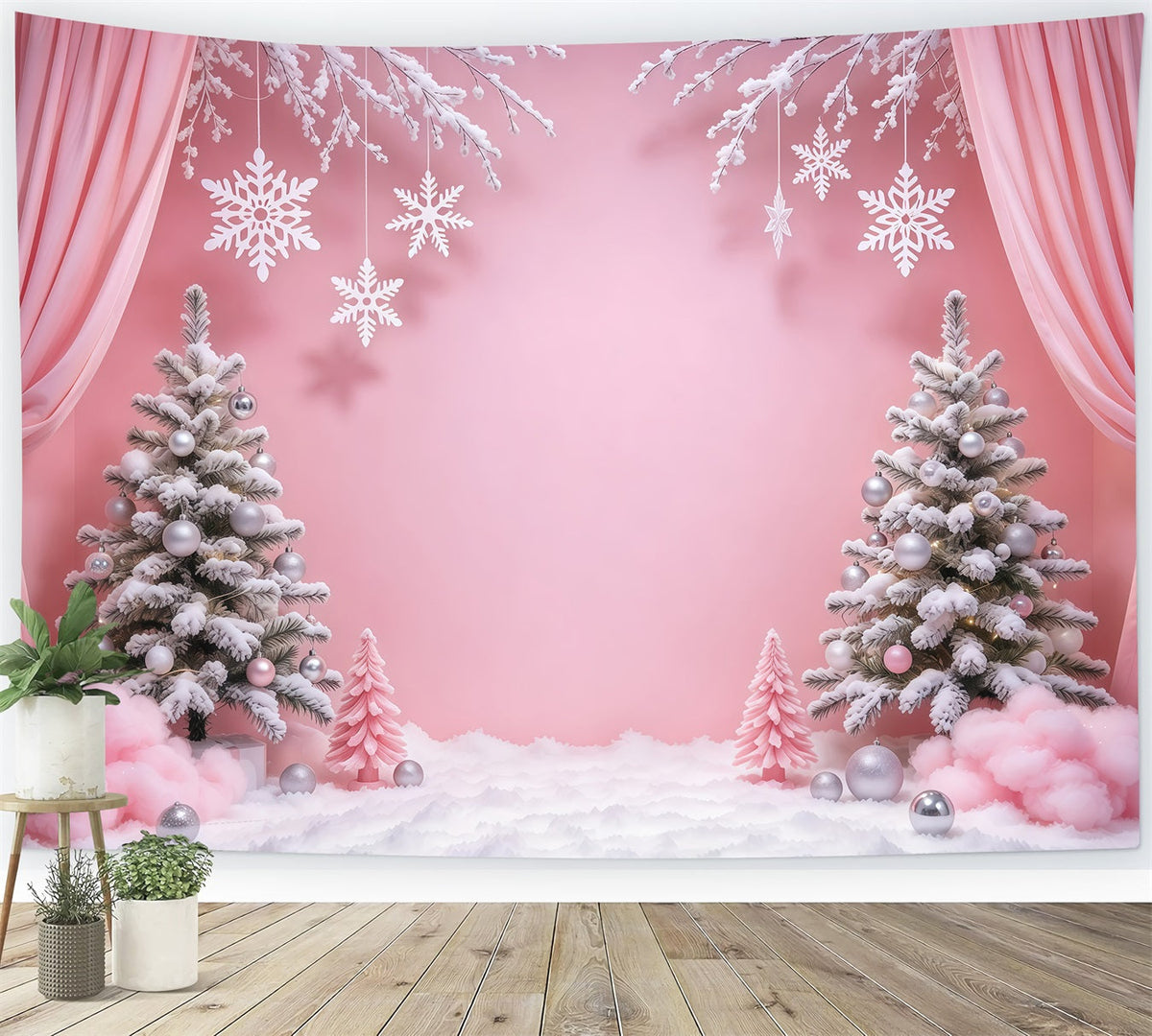 Winter Christmas Backdrop Pink Curtain Snowflake Wonderland Christmas Theme Backdrops UK GQ610-96