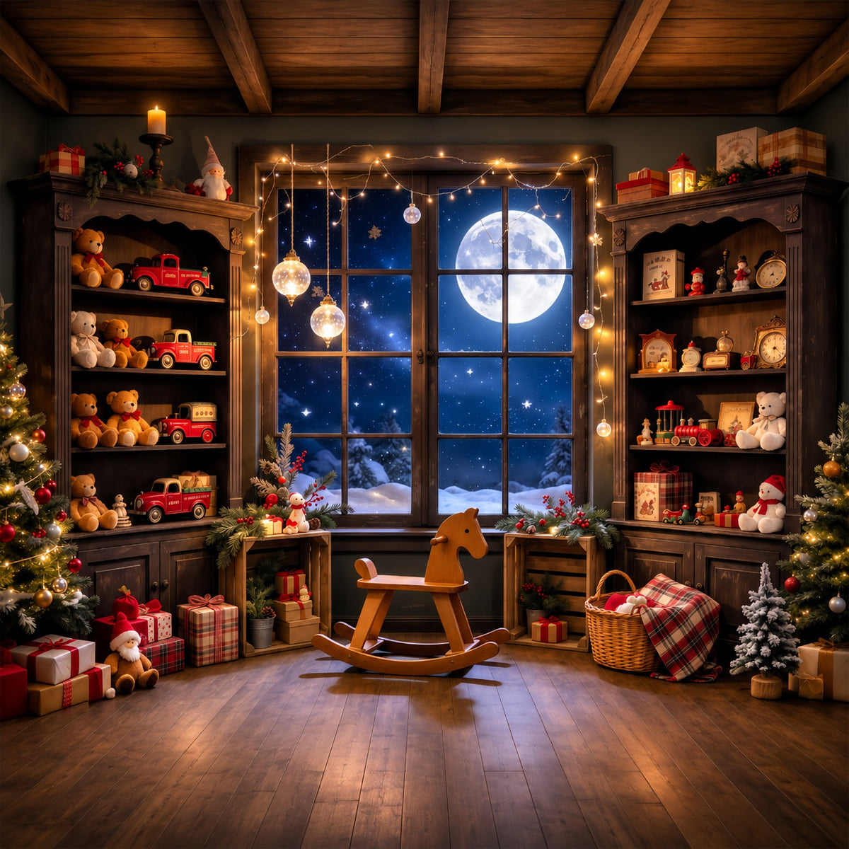 Santa Workshop Backdrop Moonlit Toyroom Window Display Xmas Backdrops Photography UK GQ610-97