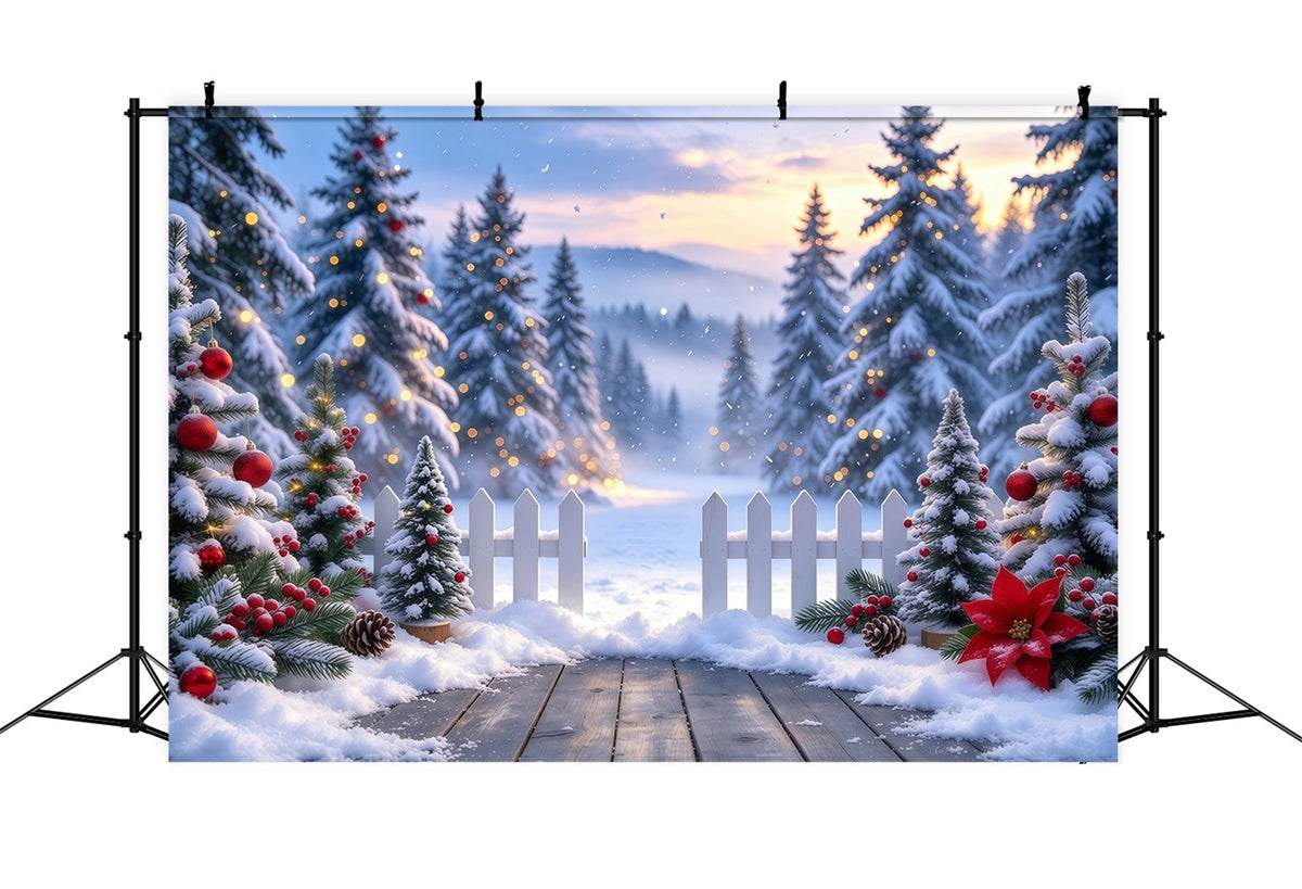 Christmas Tree Forest Backdrop Snowy Picket Fence Entryway Xmas Backdrop for Photos UK GQ610-99