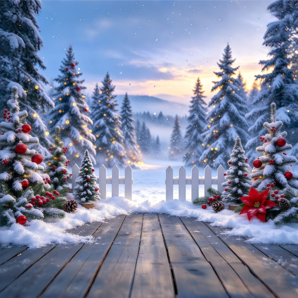 Christmas Tree Forest Backdrop Snowy Picket Fence Entryway Xmas Backdrop for Photos UK GQ610-99