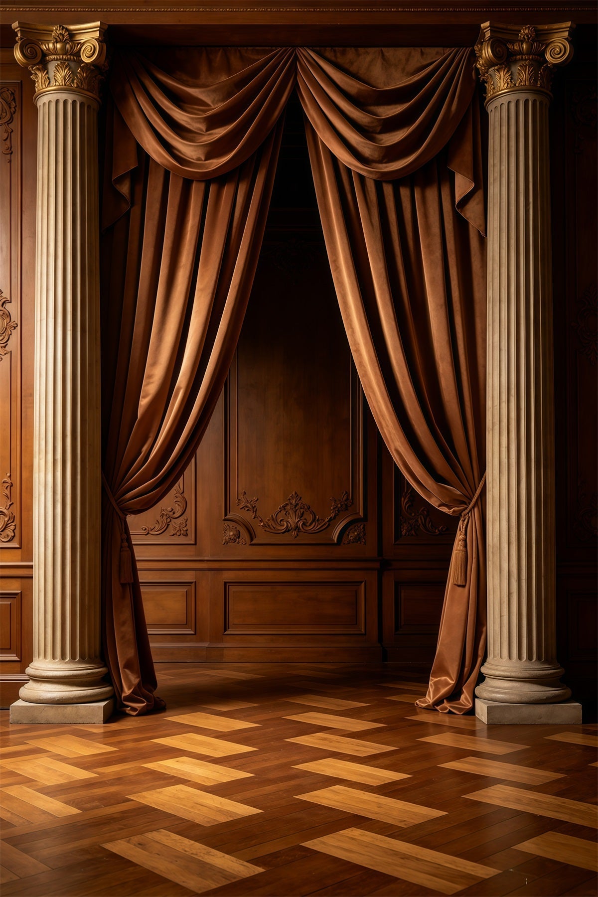 Portrait Photo Backdrop Classic Walnut Velvet Curtain Columns Abstract Backdrops UK GQ64-35