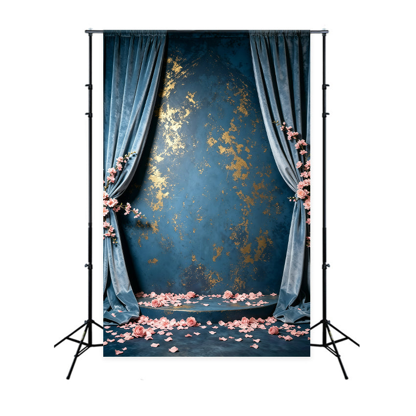 Blue And Gold Backdrop Wall Velvet Fleck Roses Abstract Photography Backdrops UK GQ64-37