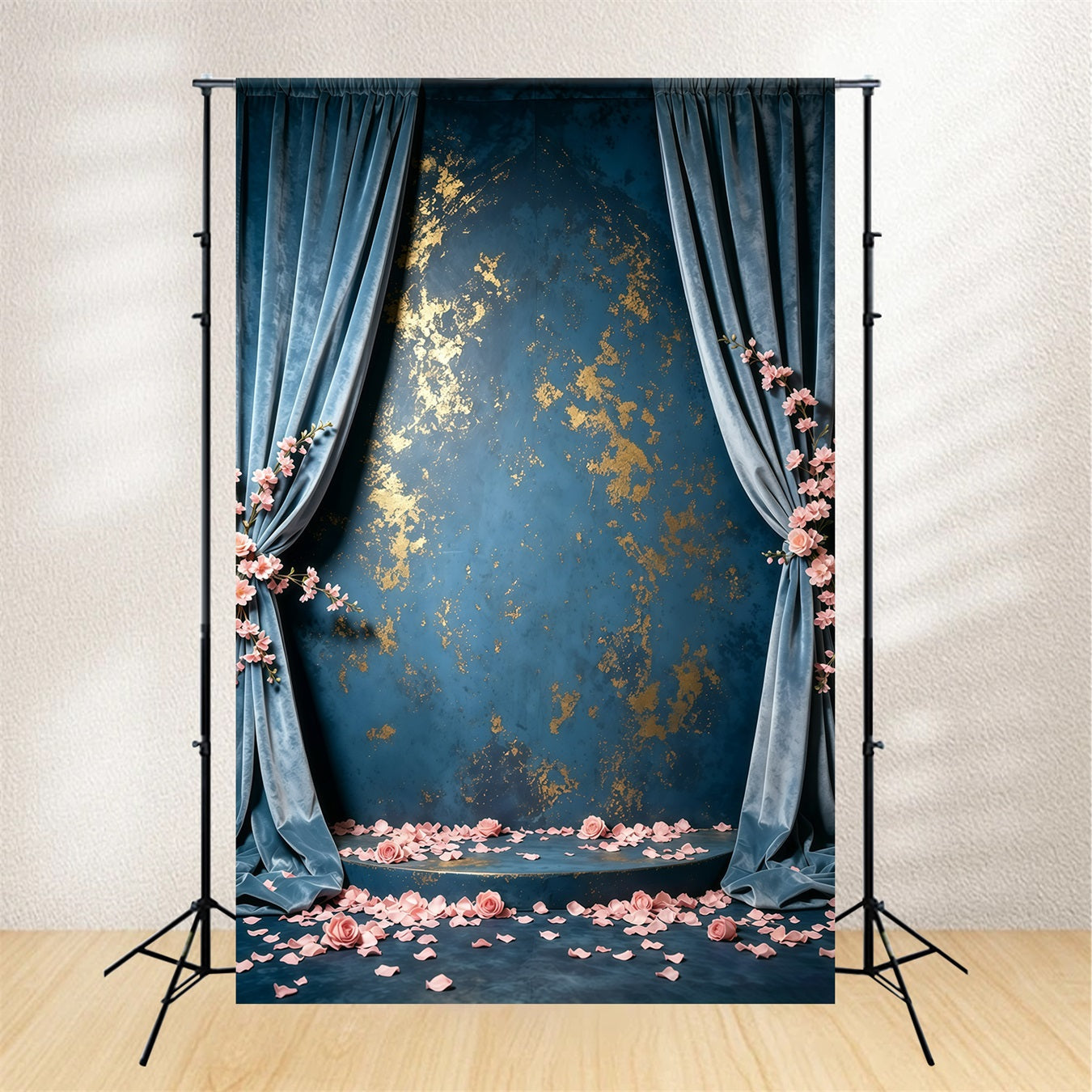 Blue And Gold Backdrop Wall Velvet Fleck Roses Abstract Photography Backdrops UK GQ64-37