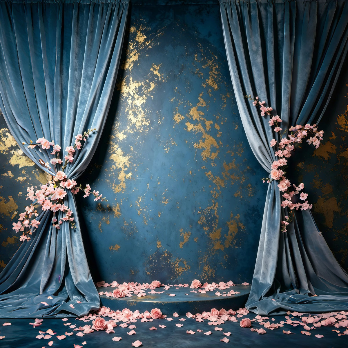 Blue And Gold Backdrop Wall Velvet Fleck Roses Abstract Photography Backdrops UK GQ64-37