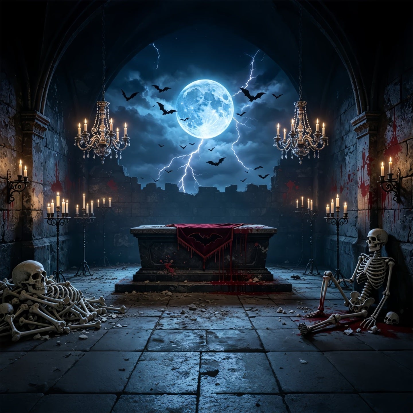 Vampire Backdrop Moonlit Bloody Skeleton Altar Halloween Backdrop For Photography UK GQ67-100