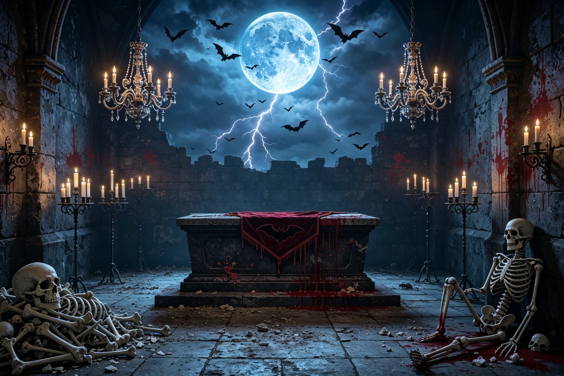 Vampire Backdrop Moonlit Bloody Skeleton Altar Halloween Backdrop For Photography UK GQ67-100