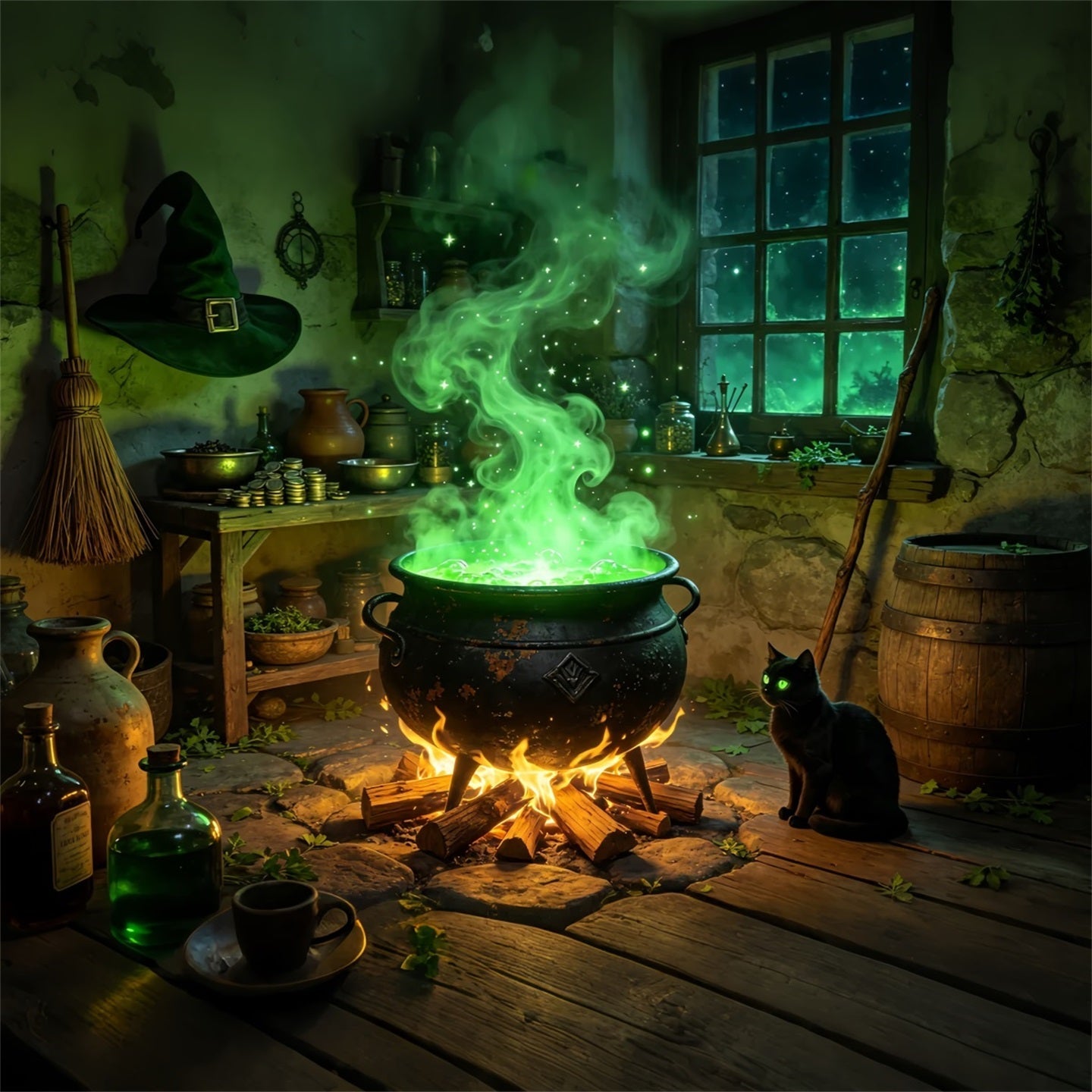 Witches Kitchen Backdrop Glowing Cauldron Cottage Halloween Back Drop UK GQ67-103