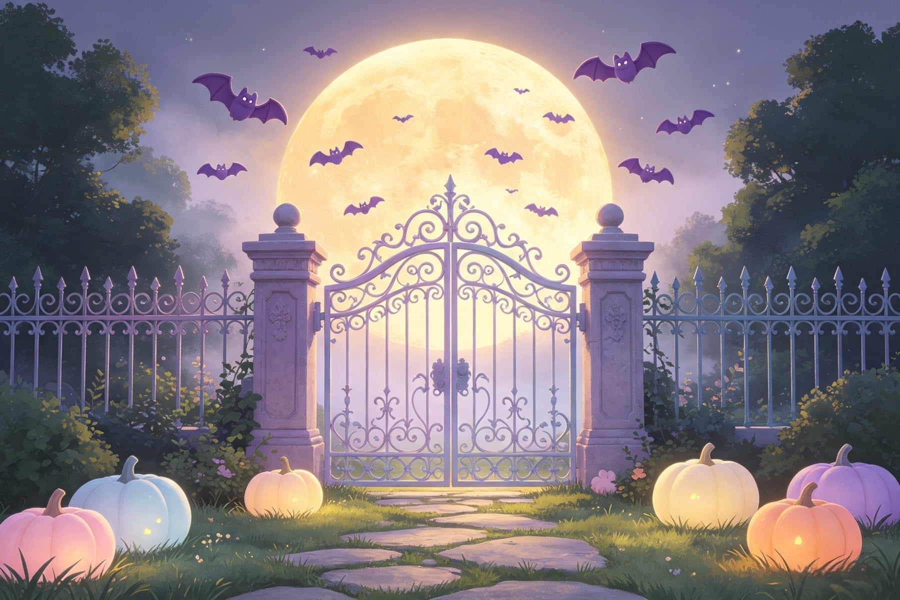 Batcave Backdrop Pastel Moonlit Garden Gate Pastel Halloween Backdrop UK GQ67-104