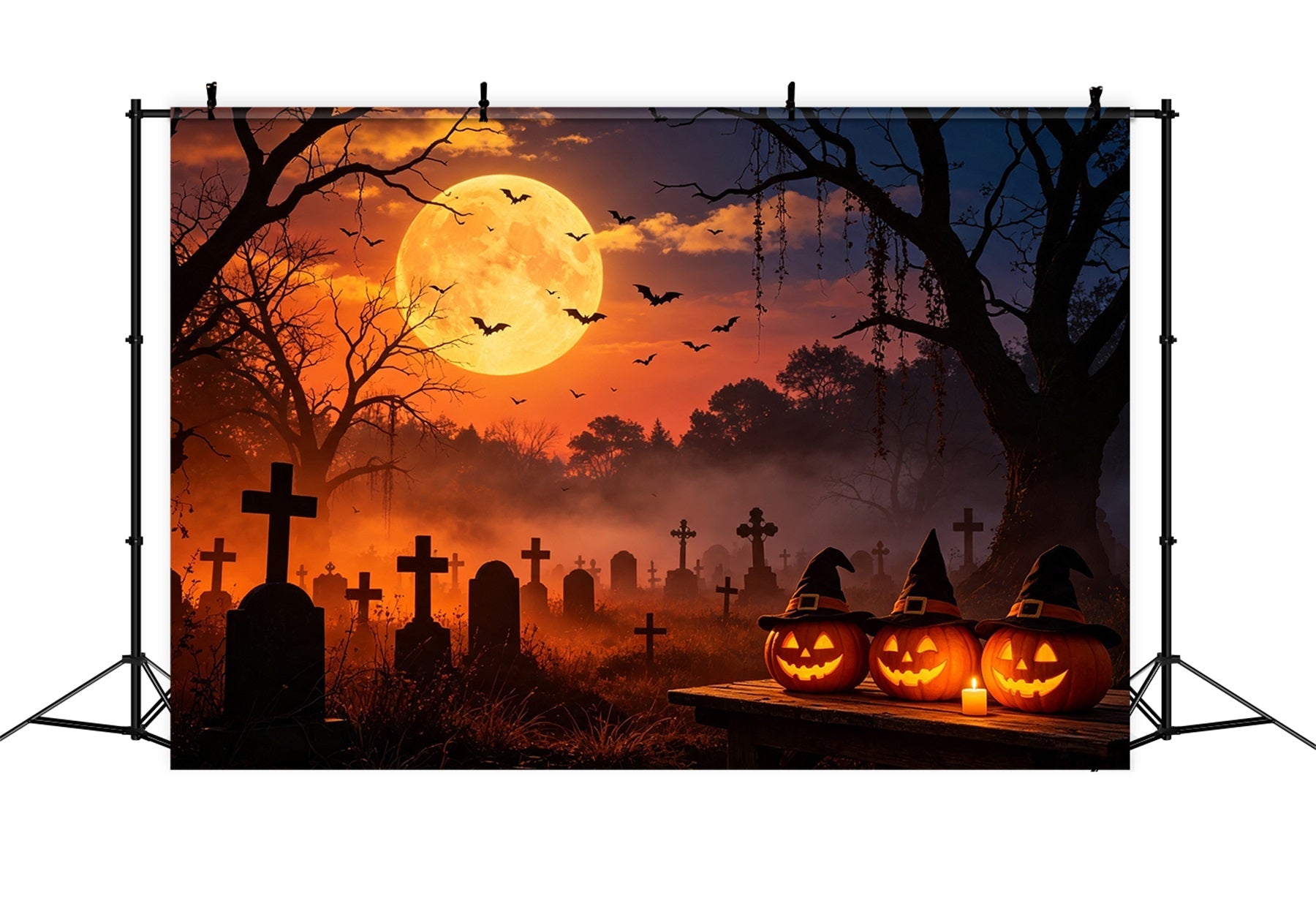 Bat Cave Backdrop Sunset Witch Pumpkin Graveyard Photo Backdrops Halloween UK GQ67-105