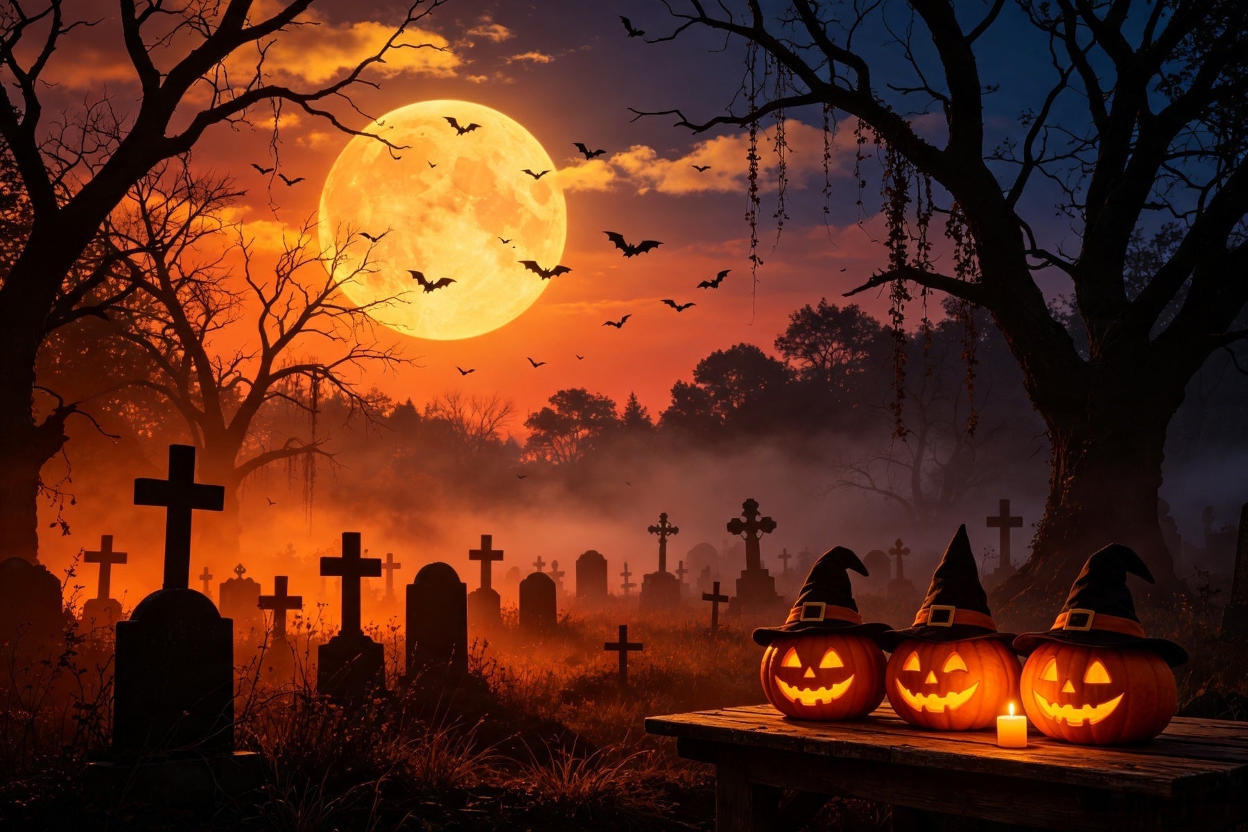 Bat Cave Backdrop Sunset Witch Pumpkin Graveyard Photo Backdrops Halloween UK GQ67-105