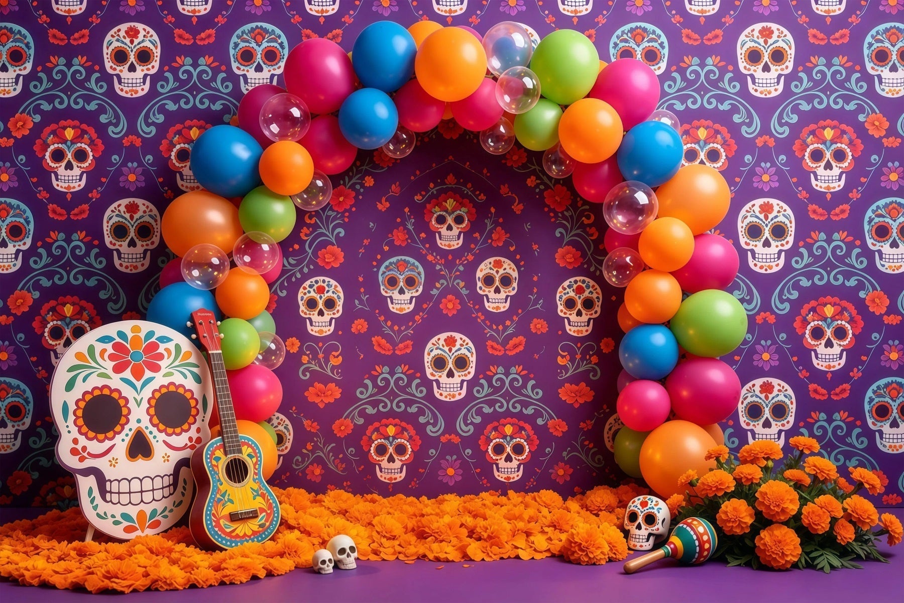 Sugar Skull Backdrop Colorful Balloon Arch Kids Halloween Backdrop UK GQ67-106