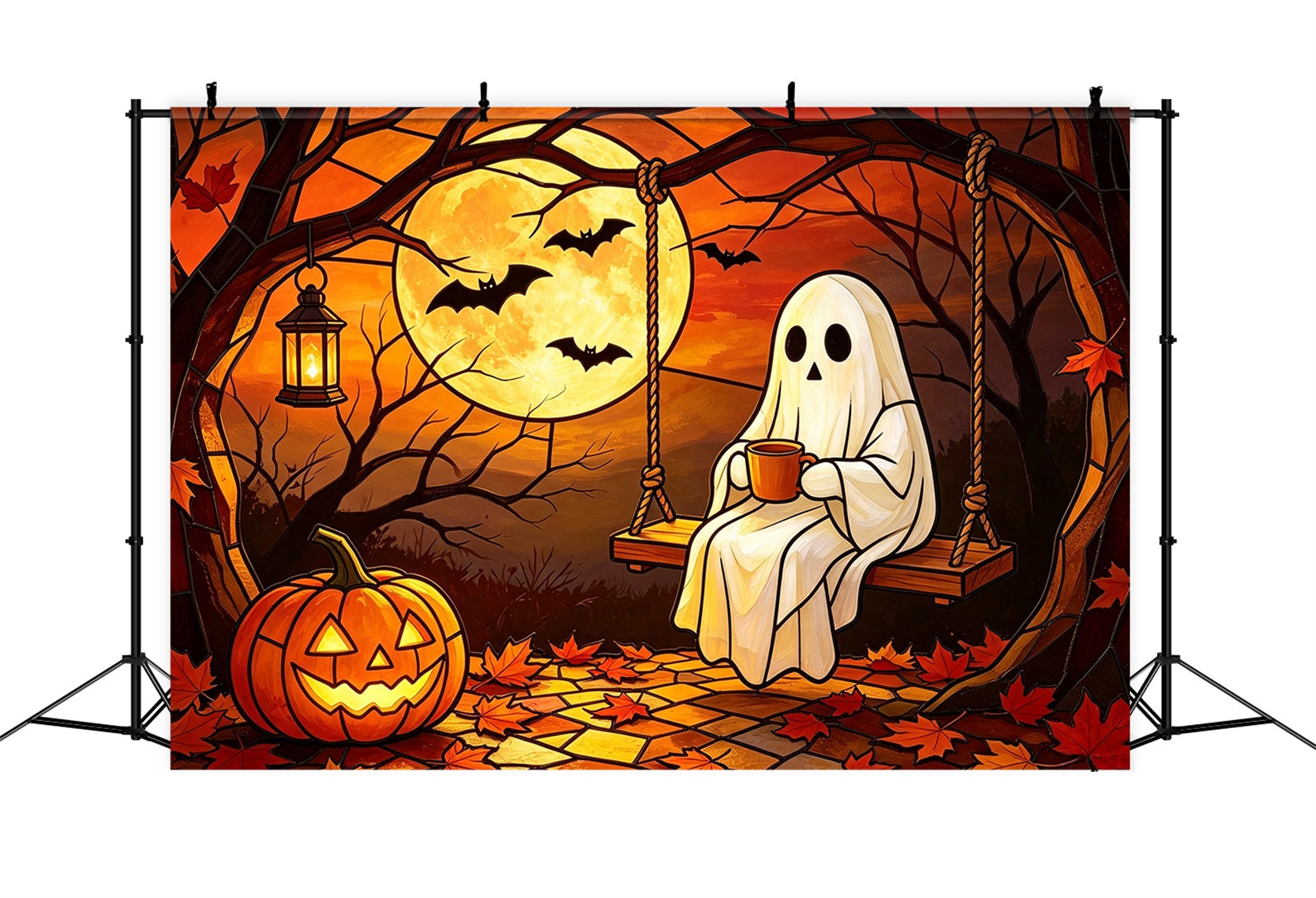 Backdrop Ghost Stained Glass Cozy Moonlit Pumpkin Swing Halloween Photobooth Backdrop UK GQ67-111