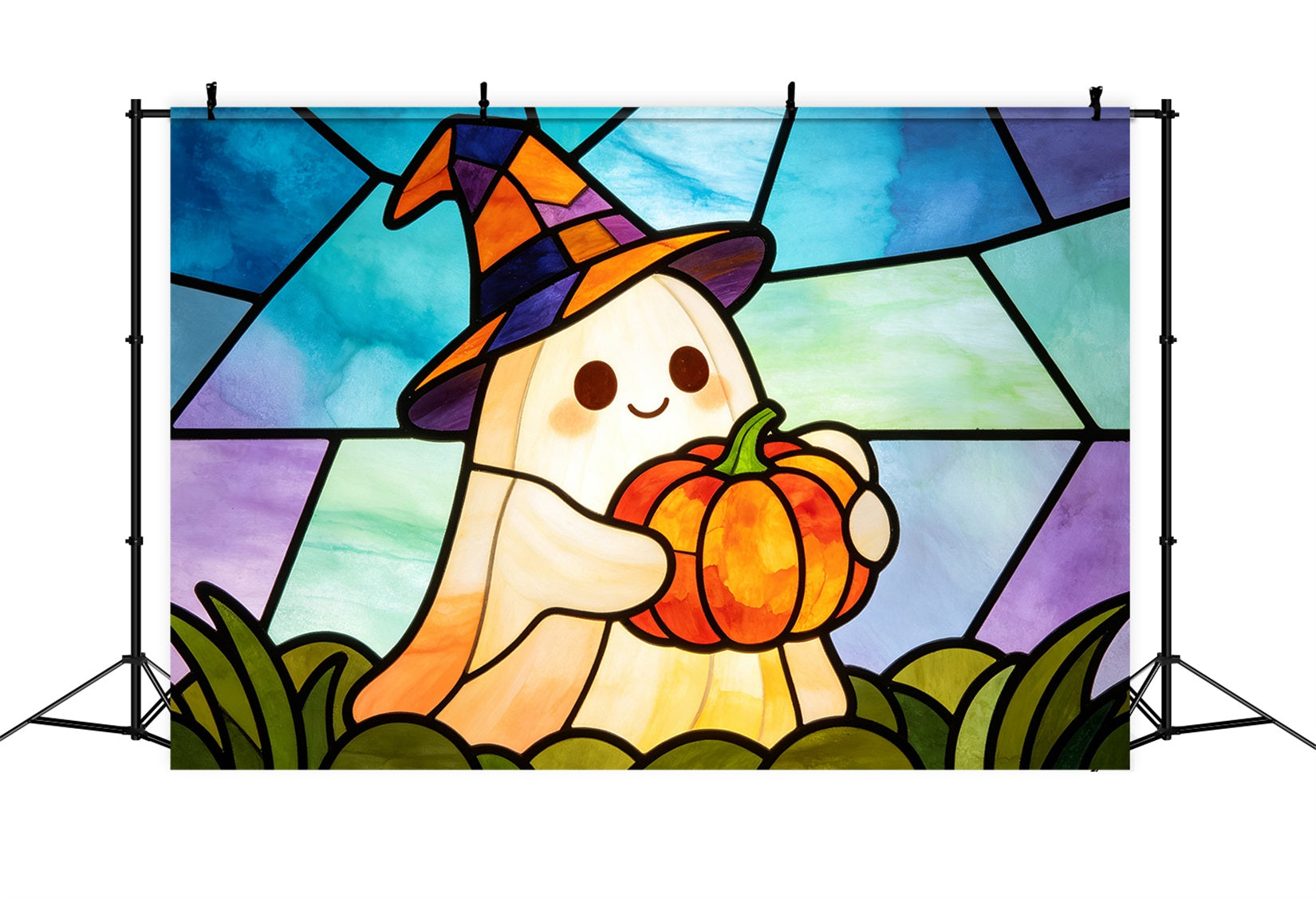 Stained Glass Backdrop Tapestry Ghost Cute Witch Ghost Pumpkin Halloween Selfie Backdrop UK GQ67-112