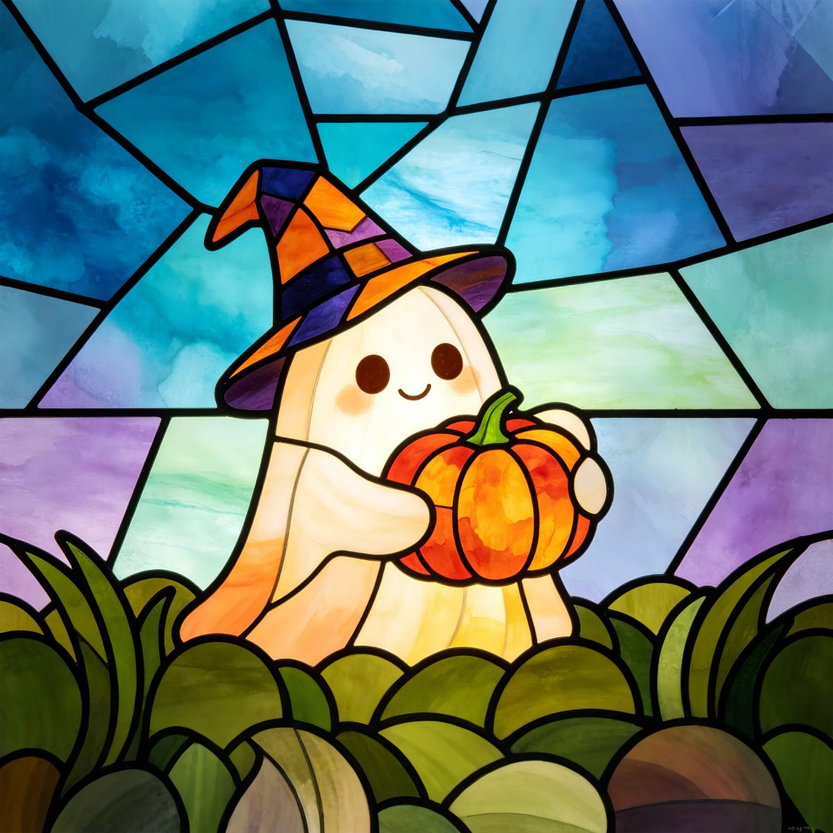 Stained Glass Backdrop Tapestry Ghost Cute Witch Ghost Pumpkin Halloween Selfie Backdrop UK GQ67-112