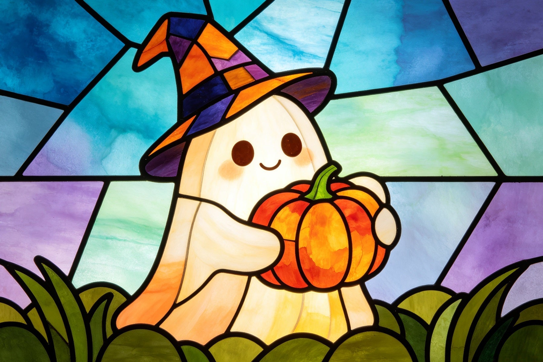 Stained Glass Backdrop Tapestry Ghost Cute Witch Ghost Pumpkin Halloween Selfie Backdrop UK GQ67-112