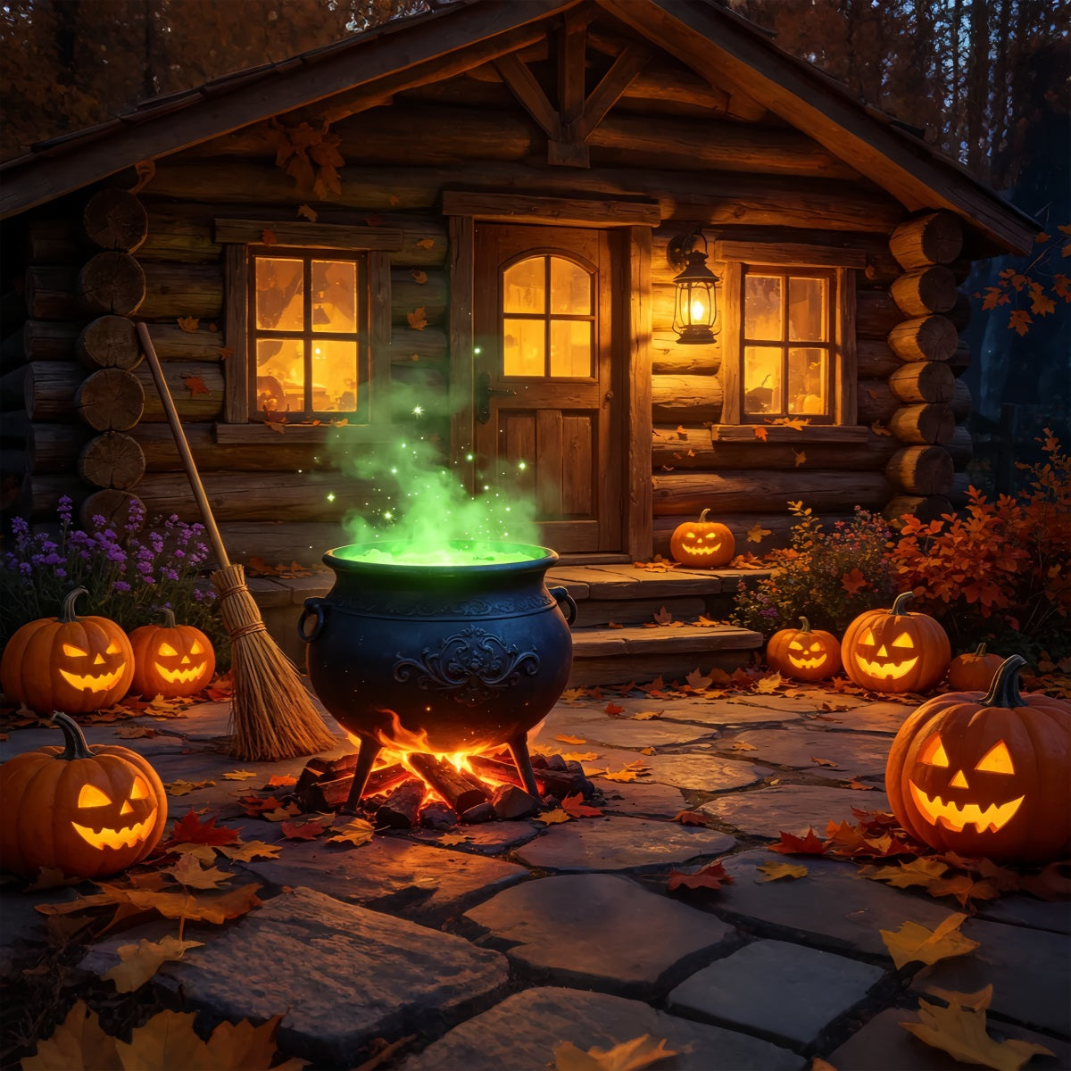 Witches Kitchen Backdrop Banner Glowing Cauldron Cabin Porch Best Halloween Backdrops UK GQ67-113