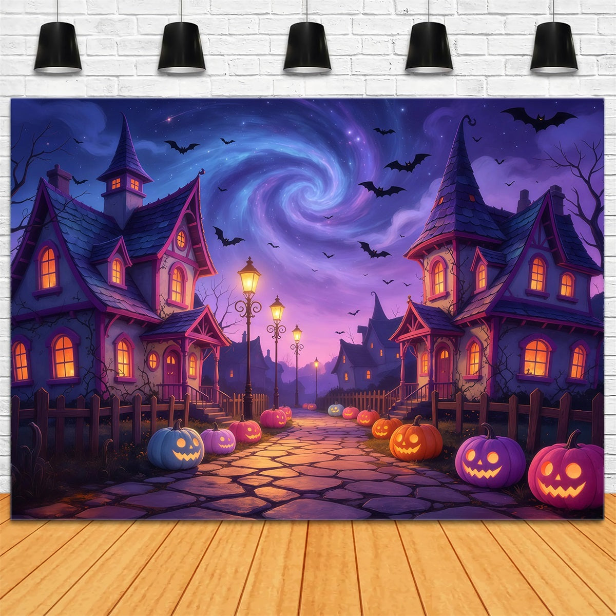 Spooky Town Backdrop Twilight Pumpkin Village Path Large Halloween Backdrops UK GQ67-83
