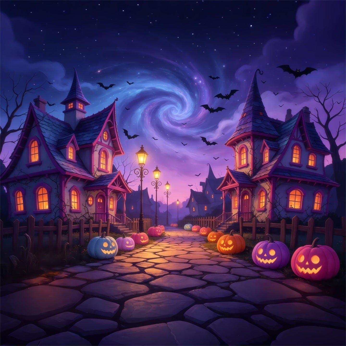 Spooky Town Backdrop Twilight Pumpkin Village Path Large Halloween Backdrops UK GQ67-83